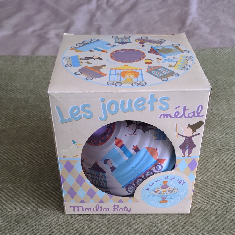 Retro Style Moulin Roty Spinning Top Circus  Theme, Heirloom Toy